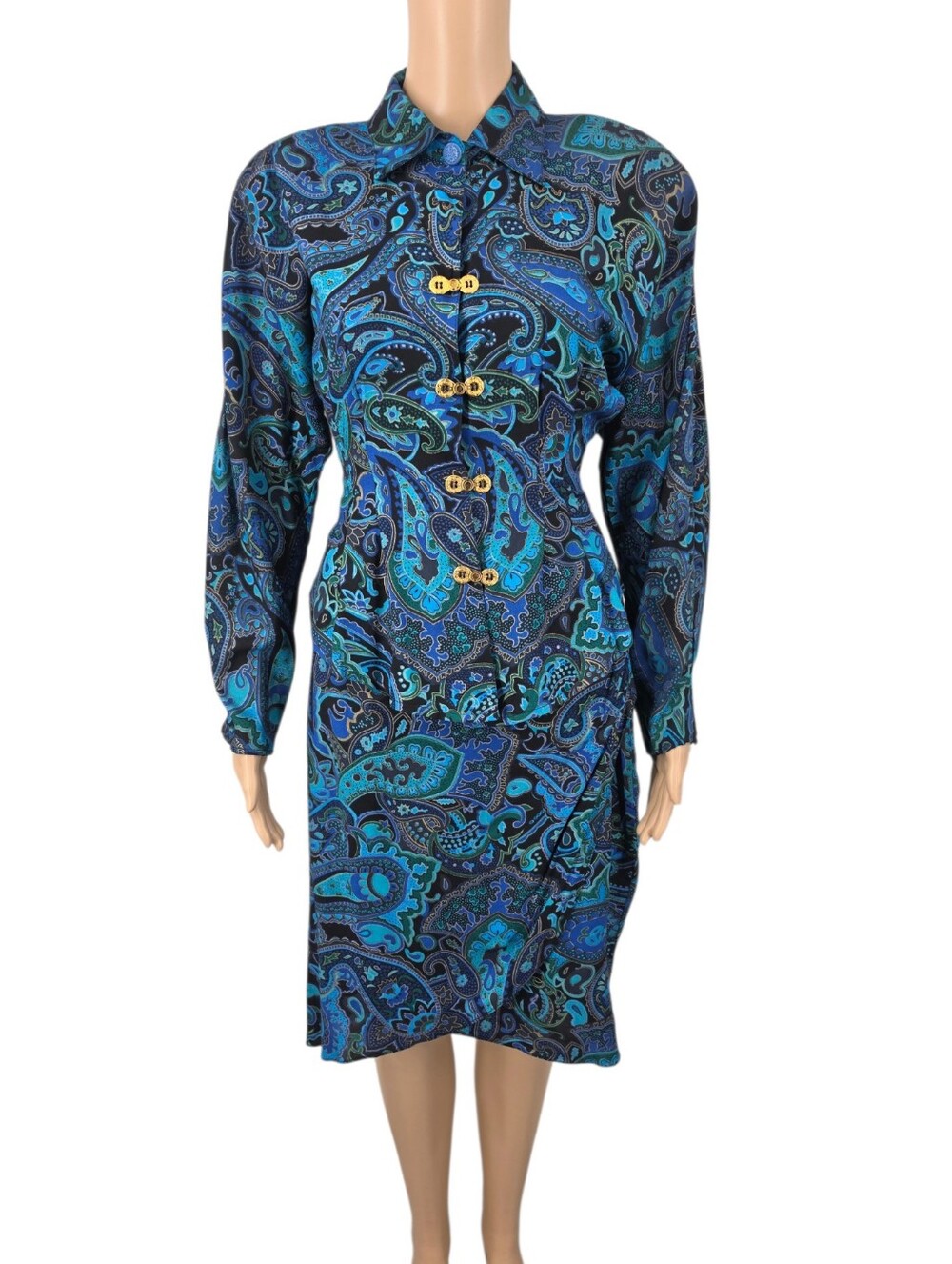 Vintage Blue Paisley Hourglass Top Blouse and Matching Skirt Set 80s Peplum